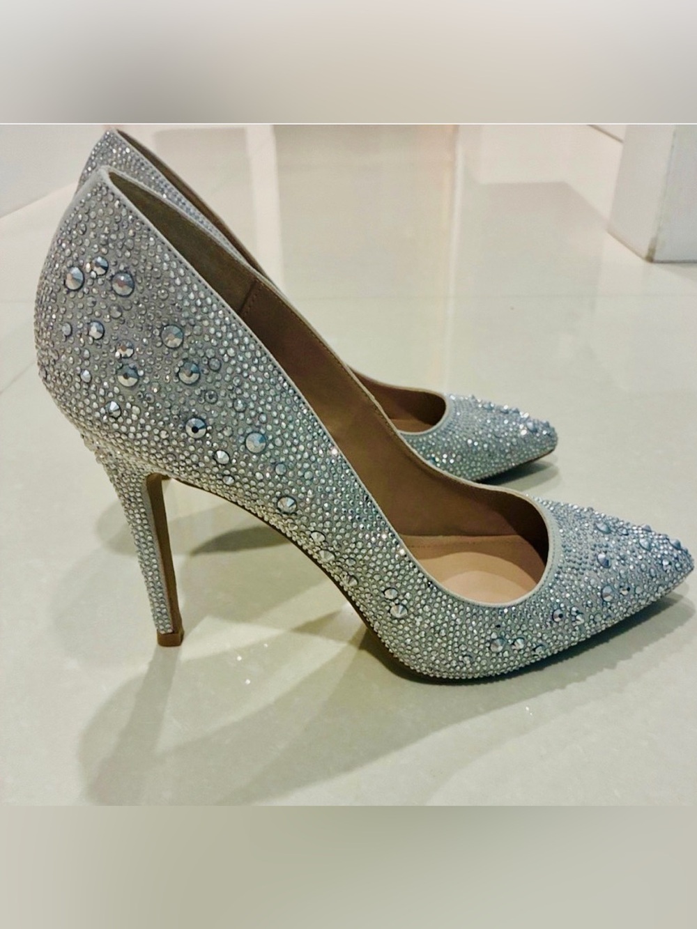 Crystal Embellished Silver Pointed-Toe Stiletto Pumps